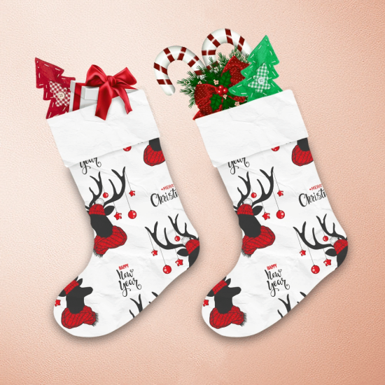 Merry Christmas Deer Silhouette With Red Scarf And Decorative Balls Christmas Stocking 1
