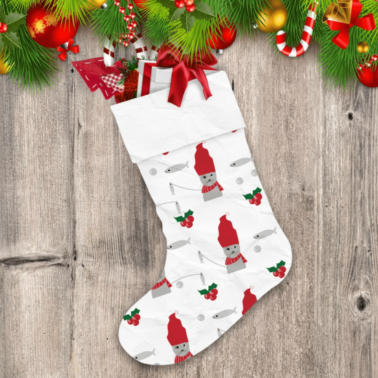 Merry Christmas Funny Cat In Red Hat And Scarf With Fishes Christmas Stocking