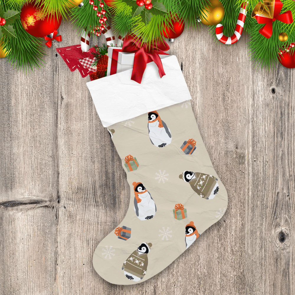 Merry-Christmas-Penguins-In-Hat-And-Sweater-On-Beige-Christmas-Stocking Merry Christmas Penguins In Hat And Sweater On Beige Christmas Stocking