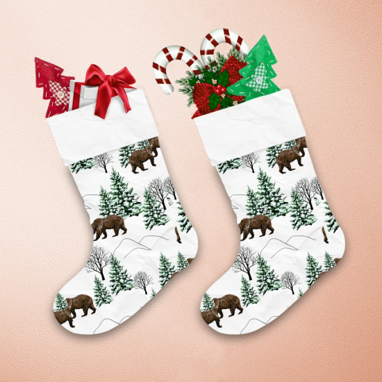 Merry Christmas With Bear Winter Forest Landscape Christmas Stocking 1
