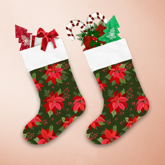 Merry Christmas With Winter Flower Poinsettia And Berries Christmas Stocking 1