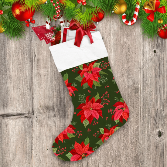 Merry Christmas With Winter Flower Poinsettia And Berries Christmas Stocking