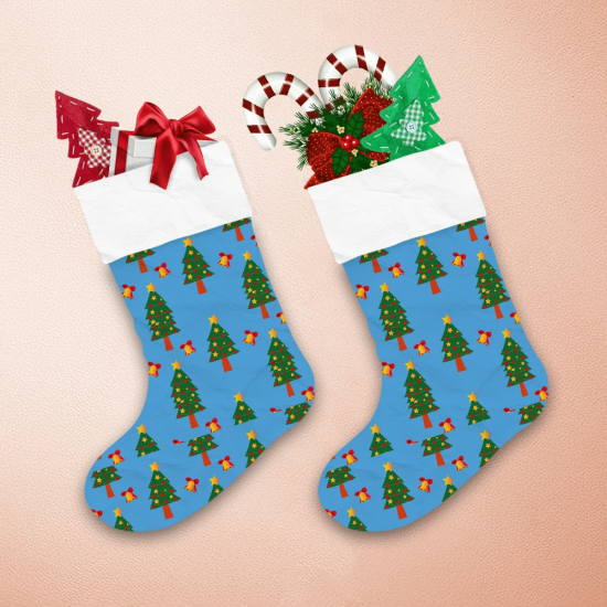 Modern Christmas Tree And Bells On Blue Background Christmas Stocking 1