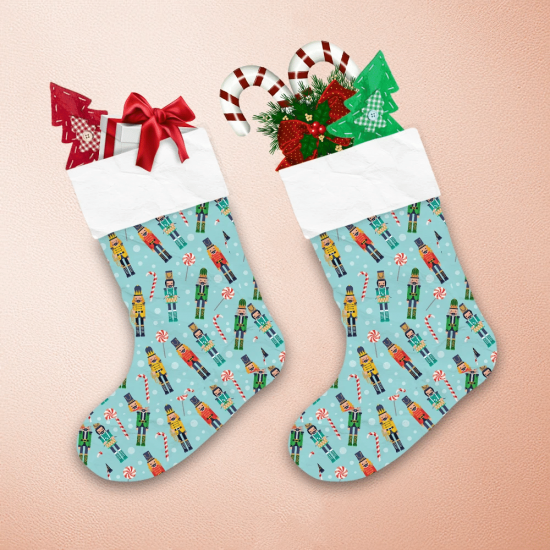 Multicolored Nutcrackers And Candies On Blue Background Christmas Stocking 1