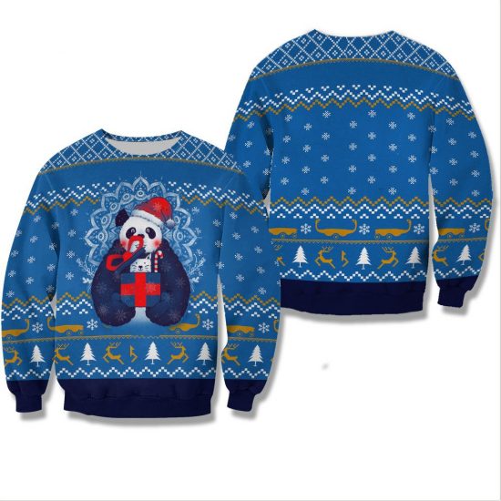 Panda With Christmas Gift Unisex All Over Print Cotton Sweatshirt