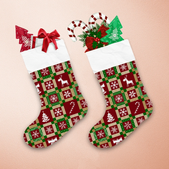 Patchwork Style Pattern With Bells Snowflakes Deers And Candy Canes Christmas Stocking 1