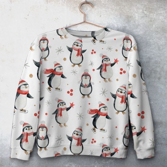 Peguin Christmas Pattern Unisex All Over Print Cotton Sweatshirt
