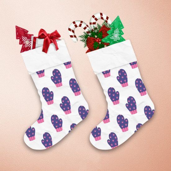 Pink Silhouette Of Cats Paws On Mittens Pattern Christmas Stocking 1