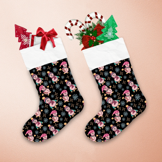 Pink Snowmen In Hats And Scarves On Black Starry Sky With Blue Snowflakes Christmas Stocking 1