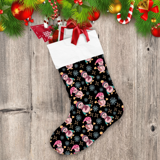 Pink Snowmen In Hats And Scarves On Black Starry Sky With Blue Snowflakes Christmas Stocking