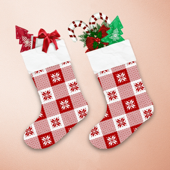 Pixel Art Bright Tartan Plaid Snowflakes In Red And White Colors Christmas Stocking 1