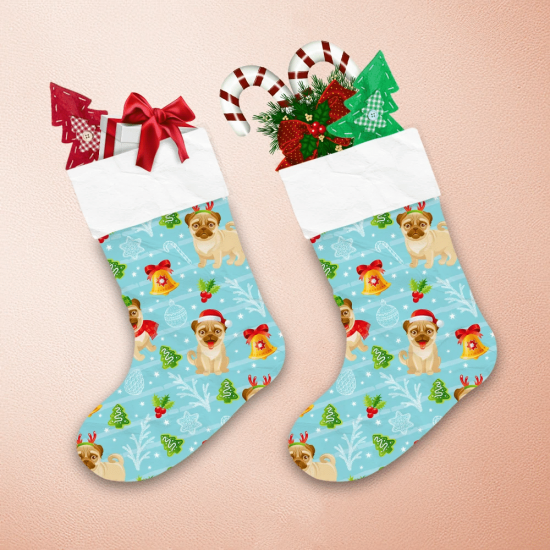 Playful Pug Dog Cartoon With Bells Holly Leaves Pattern Christmas Stocking 1