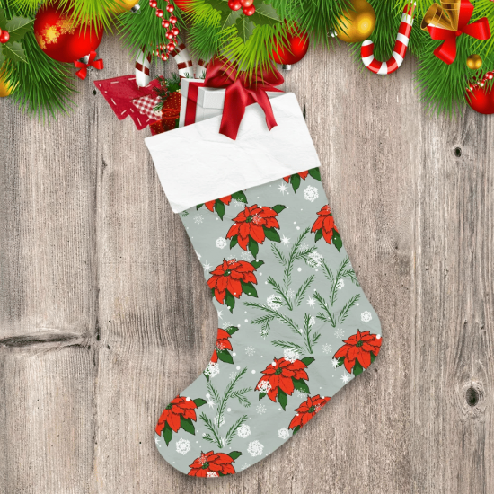 Poinsettia Fir Twigs And Snowflakes Merry Christmas Christmas Stocking