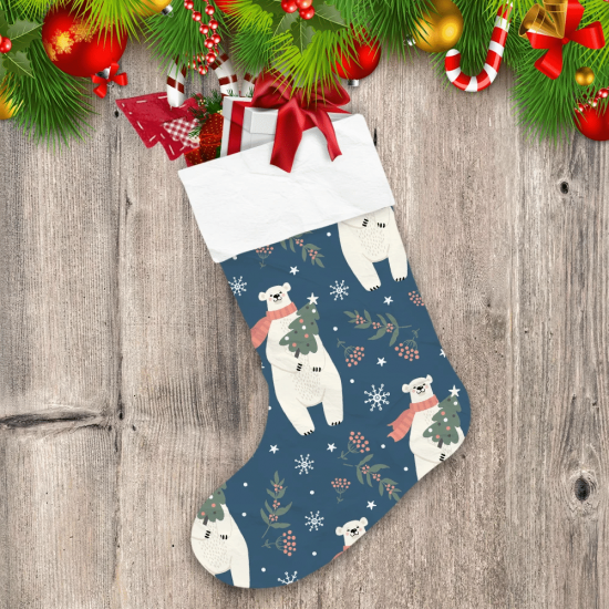 Polar Bear And Winter Decor On A Blue Background Christmas Stocking