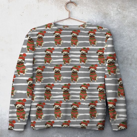 Pug Dog Christmas Pattern Unisex All Over Print Cotton Sweatshirt