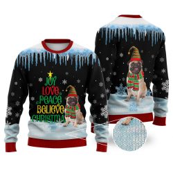 Pug Dog Joy Love Peace Believe Christmas Sweater Christmas Knitted Sweater Print Fashion Sweatshirt For Everyone