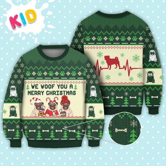 Pug Dog We Woof You A Merry Christmas Sweater Christmas Knitted Sweater Print Fashion Sweatshirt For Everyone 1