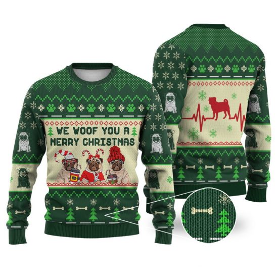 Pug Dog We Woof You A Merry Christmas Sweater Christmas Knitted Sweater Print Fashion Sweatshirt For Everyone