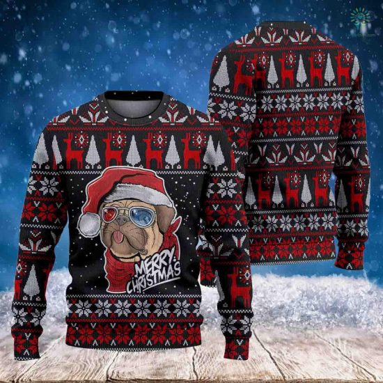 Pug Sunglasses Christmas Sweatshirt - Christmas Funny Dog Pug - Ugly Christmas Sweatshirt - Knitted Animal Dog - Christmas Sweatshirt