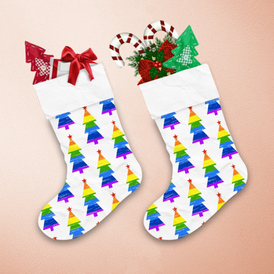 Rainow Christmas Trees With Red Stars Christmas Stocking 1