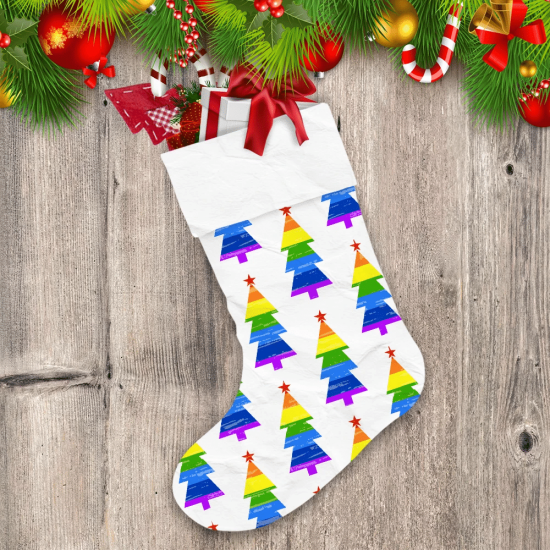 Rainow Christmas Trees With Red Stars Christmas Stocking