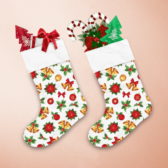 Red And Gold Christmas Balls Bells Holly And Red Poinsettia Christmas Stocking 1