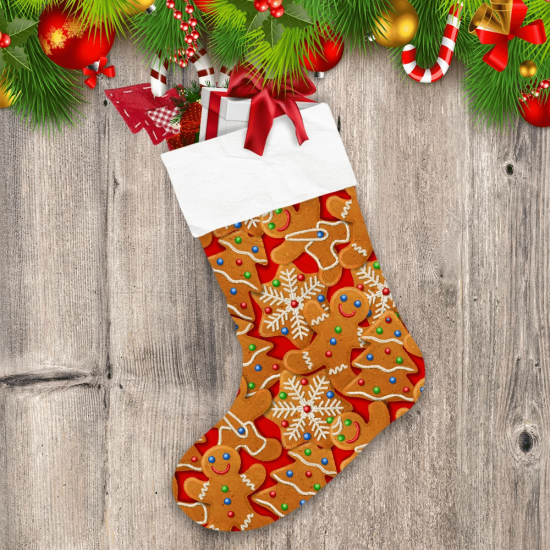 Red Background Butter Gingerbread In The Shape Of Tree Snowflake Christmas Stocking