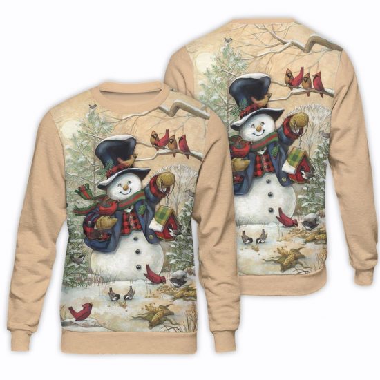 Red Birds Snowman Christmas Unisex All Over Print Cotton Sweatshirt