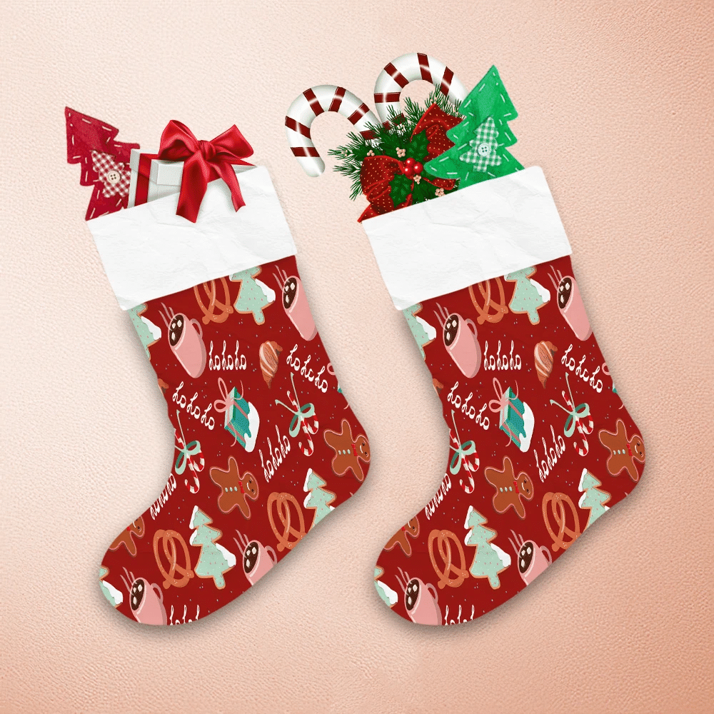 Red Christmas Background With Croissant Hot Chocolate Gift Box Christmas Stocking 1