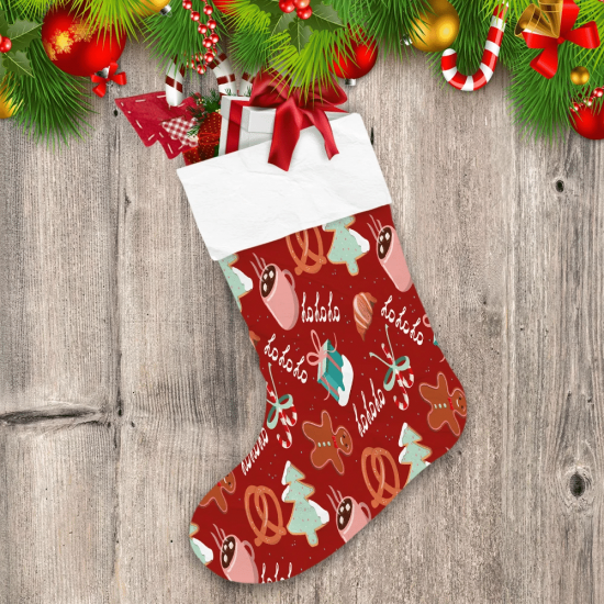 Red Christmas Background With Croissant Hot Chocolate Gift Box Christmas Stocking