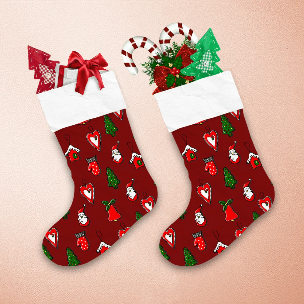 Red Christmas Toys Including Mittens Santa Claus Houses And Trees Pattern Christmas Stocking 1