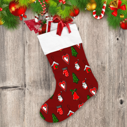 Red Christmas Toys Including Mittens Santa Claus Houses And Trees Pattern Christmas Stocking