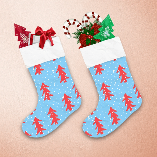 Red Christmas Trees On Snowballs On Blue Background Christmas Stocking 1