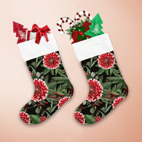 Red Dahlia Flowers With Christmas Berries Christmas Stocking 1