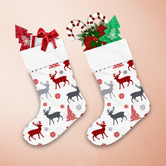 Red Gingham Plaid Deer Silhouette And Red Snowflakes Christmas Stocking 1