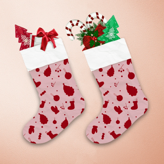 Red Silhouette Icon Including Mittens Socks Candy And Berries Christmas Stocking 1