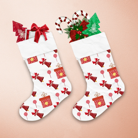 Red Stars Gift Boxes And Ring Bells Pattern Christmas Stocking 1