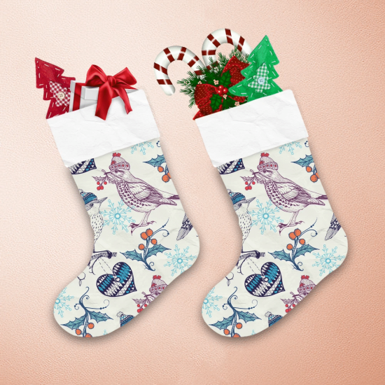 Retro Sketch Winter Birds Wearing Hats With Berries Pattern Christmas Stocking 1