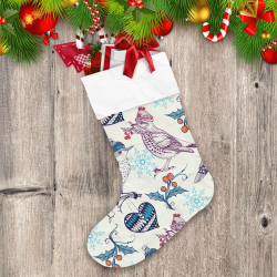 Retro Sketch Winter Birds Wearing Hats With Berries Pattern Christmas Stocking
