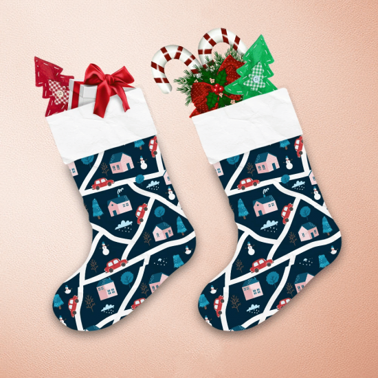 Rural Village Roads With An Retro Car Pattern On Dark Background Christmas Stocking 1