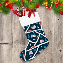 Rural Village Roads With An Retro Car Pattern On Dark Background Christmas Stocking