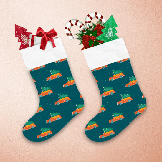 Rustic Style Orange Cars With Green Fir Trees Pattern Christmas Stocking 1