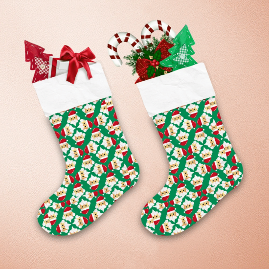 Sant Claus Face Merry Christmas Green Background Christmas Stocking 1