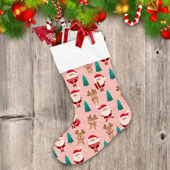 Santa And Reindeer In Forest Cute Moments Cartoon Design Christmas Stocking