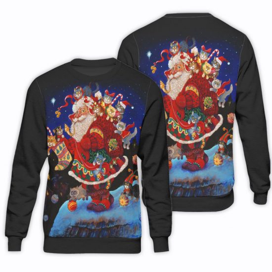Santa Claus And Cat Unisex All Over Print Cotton Sweatshirt