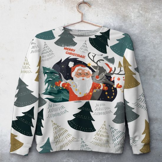Santa Claus And Reindeer Christmas Tree Unisex All Over Print Cotton Sweatshirt