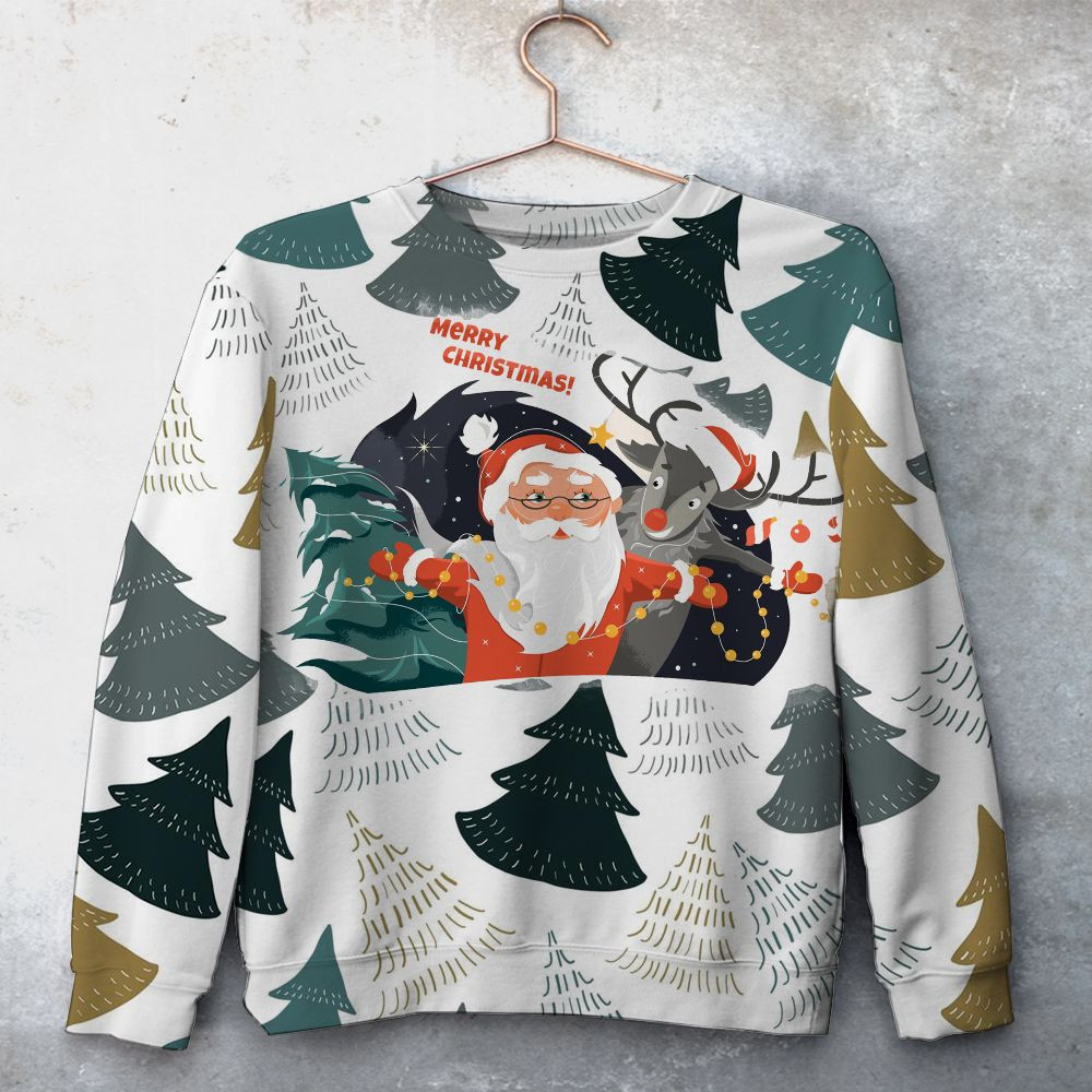 Santa-Claus-And-Reindeer-Christmas-Tree-Unisex-All-Over-Print-Cotton-Sweatshirt-Merry-Christmas-Cotton-Sweatshirt Santa Claus And Reindeer Christmas Tree Unisex All Over Print Cotton Sweatshirt