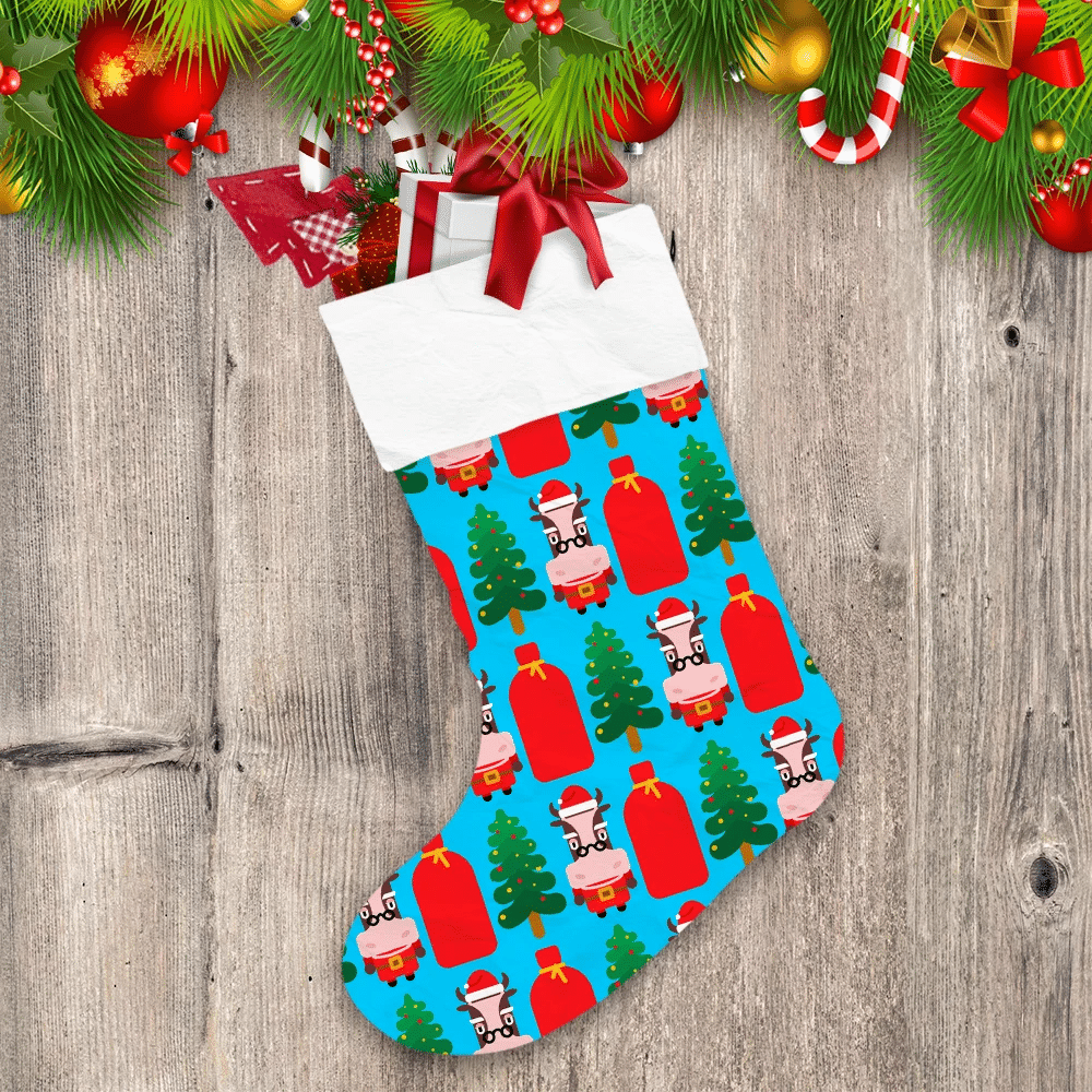 Santa-Claus-Cow-And-Christmas-Tree-Christmas-Stocking Santa Claus Cow And Christmas Tree Christmas Stocking