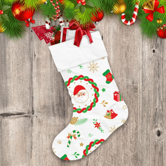 Santa Claus Head In Circle And Christmas Ornament Pattern Christmas Stocking