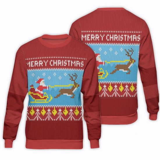 Santa Claus Rides Reindeer Unisex All Over Print Cotton Sweatshirt